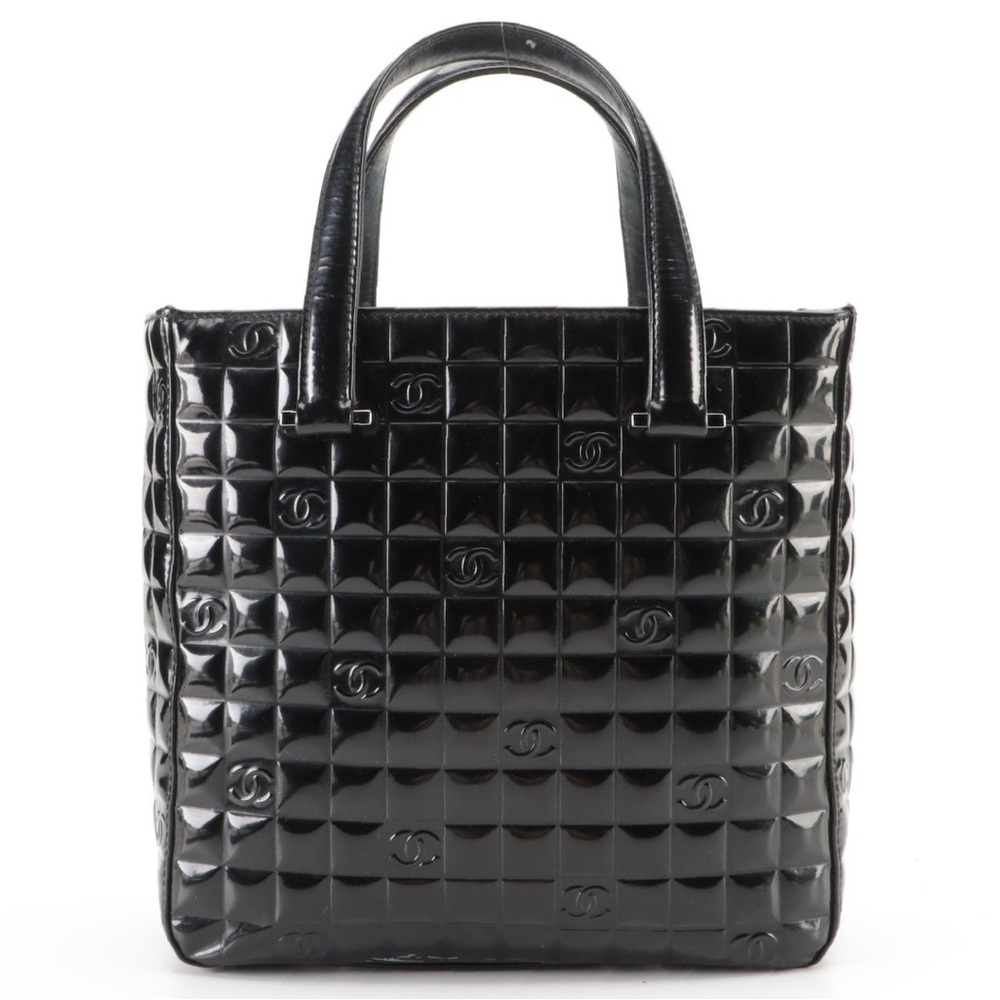 Chanel Chocolate Bar CC Quilted Black Patent Leather Bag Tote